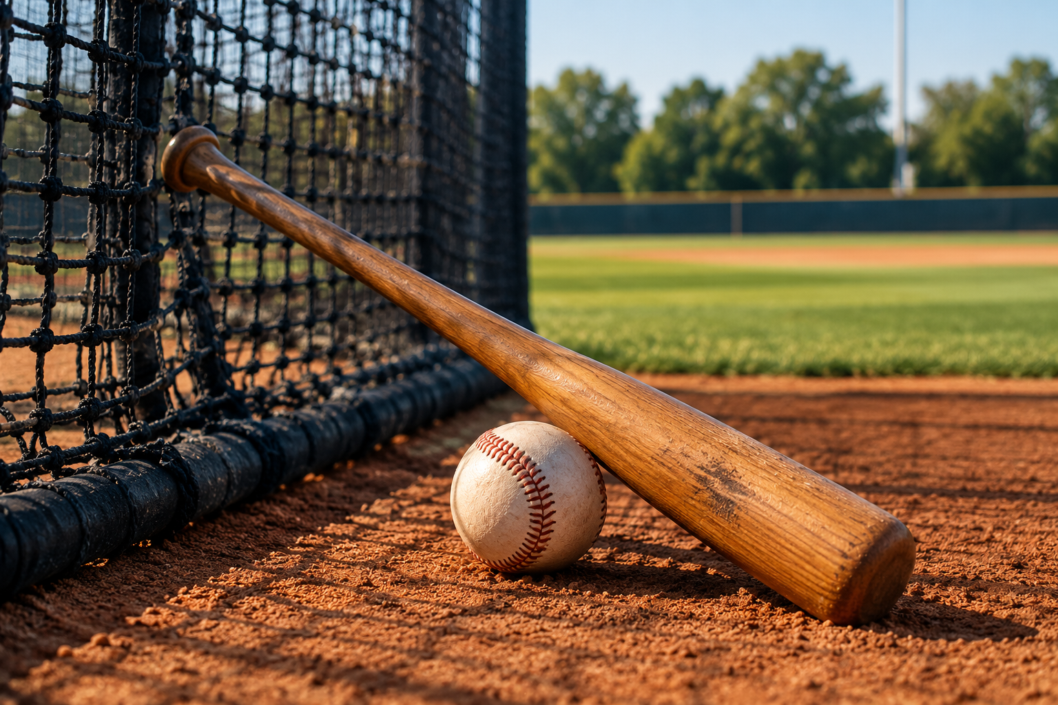 Baseball bat and ball beside batting cage netting